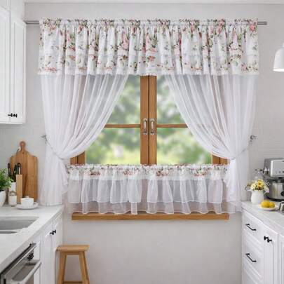 Tende a cascata con motivo floreale in stile country, set di tende a balza semitrasparenti bianche e tende a due strati, con bordo in pizzo vintage, per cucina, caffè, sala da pranzo