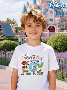 Disney Cartoon Toy T-Shirt With Boy Round Neck Short Sleeved Print "Birthday Boy", Featuring Toys And Cartoon Puppets. Children's Fun And Casual Style, Suitable For Birthday Parties/Daily Outings/Summer Campus Clothing - trắng - Xem 1