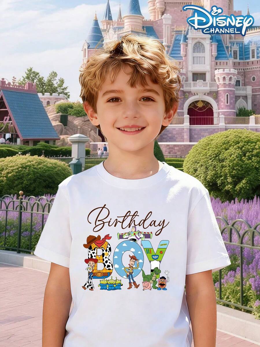 Disney Cartoon Toy T-Shirt With Boy Round Neck Short Sleeved Print "Birthday Boy", Featuring Toys And Cartoon Puppets. Children's Fun And Casual Style, Suitable For Birthday Parties/Daily Outings/Summer Campus Clothing - trắng - Xem 1