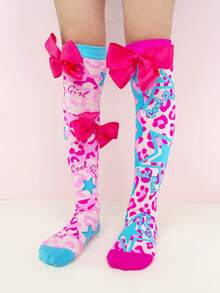 1 Pair Kids Over-The-Knee Socks, Leopard Print Bow Decor 3D Bow Design, Fun Crazy Style, Kids Socks Funny Socks Crazy Socks All Season, Suitable For Crazy Day Gifts, Parties, Valentine's Day, Wedding Season, Easter, Holidays, Outdoor And Daily Wear - Baby Pink - View 6