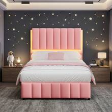 Queen Upholstered Bed Frame With LED Lights, Faux Leather Platform Bed With Headboard And Wooden Slats Support, No Box Spring Needed, Noise-Free, Easy Assembly, Twin/ Full/ Queen (USB LED Strip) - Hồng - Xem 1