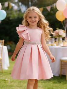 EHOMKIDS Young Girl Toddlers Solid Satin Party Dress With Faux Pearl Belt And Ruffle Trim, In Midi/Long Length, For Wedding And Party Events - Pink - View 2
