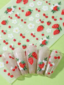 2 piezas Pegatinas 3D de verano con estampado de fresas dulces y margaritas, pegatinas de arte de uñas con diseños de fresas, mariquitas, hojas y enredaderas, suministros de manualidades adhesivos DIY - Multicolor - Ver 7