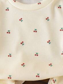2pcs Baby Girls' Sweet Cute Cherry Print Round Neck Top And Flared Pants Set, Summer - Apricot - View 5