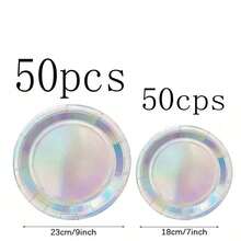 Bộ 10/20/30/50/100 món đồ trang trí tiệc lấp lánh, đĩa và khăn giấy hologram, đĩa giấy cầu vồng dùng một lần, trang trí tiệc sinh nhật, đám cưới chủ đề nàng tiên cá. - Bạc - Xem 16
