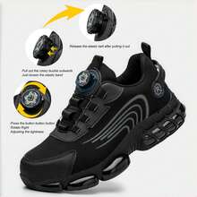 Unisex Steel Toe Safety Sneakers For Men And Women, Anti-Impact And Anti-Piercing Work Shoes,Comfortable Breathable Lightweight Safety Work Sneakers  Men,Rotary Button New Safety Shoes For Black,Lightweight & Anti-Slip Work Trainers With Air Cushion, Puncture-Proof & Smash-Resistant Design, Fashionable All-Season Shoes For Warehouse, Outdoor, Restaurant, Delivery & Training Use (For Women, This Size Is Slightly Larger, Please Choose Size 1.5 Smaller!) - 黑色 - 查看 2