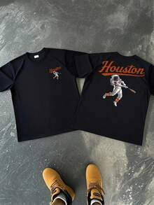 Mens Astronaut Baseball Player Houston Graphic TShirt Retro Vintage Style Comfortable Fit Harajuku Top Cpe Anime Tshirt - Grey - View 2