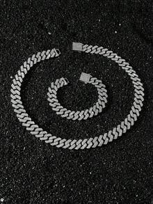 1套男士全钻菱形拼接项链和手链 - Style A - 查看 2