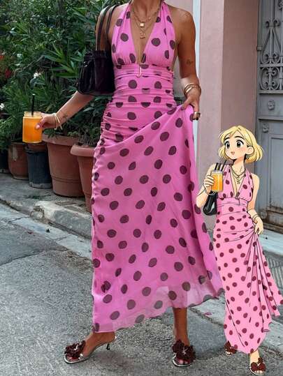 2026 Spring/Summer New Fashion Casual Versatile Daily Vacation Colorblock Polka Dot V-Neck Halter Bodycon Maxi Dress, Polka Dot Dress, Spring Break Outfit, Women's Valentine's Day Outfit, Party Dress, Beach Dress, Streetwear, Y2K Style, Pink Dress, Birthday Dress, Carnival Costume, Women's Formal Dress/Gown, Women's Luxury Evening Gown, Women's Casual Dress, Vacation Dress, Women's Graduation Dress, Women's Wedding Guest Dress, St. Patrick's Day Dress, Women's Easter Dress, Holiday Dress, Spring Apparel Elegant