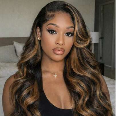 13X4渐变挑染波浪蕾丝前假发，#1B/30棕色，180%密度挑染真人发假发，适合女性日常及派对佩戴