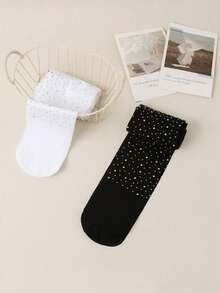 2双女童袜子，黑白时尚菱形镂空图案袜子，夏季薄网眼菱形网袜，以及女童连裤袜 - 彩色 - 查看 3