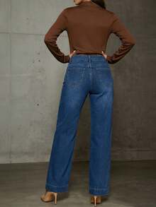 Women's High Waist Elastic Straight Loose Fit Jeans With Pockets Casual Spring - Blue - View 6