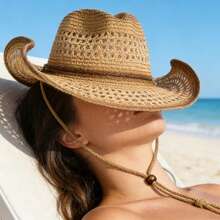 1Pc Retro Men Women Openwork Straw Cowboy Hat, Stylish Breathable Beach Sun Hat, Outdoor Hiking Hat, Windproof Strap Design For Adjustment And Comfort, Suitable For Outdoor Sports, Vacation Travel, And Daily Outings - 棕色 - 查看 5