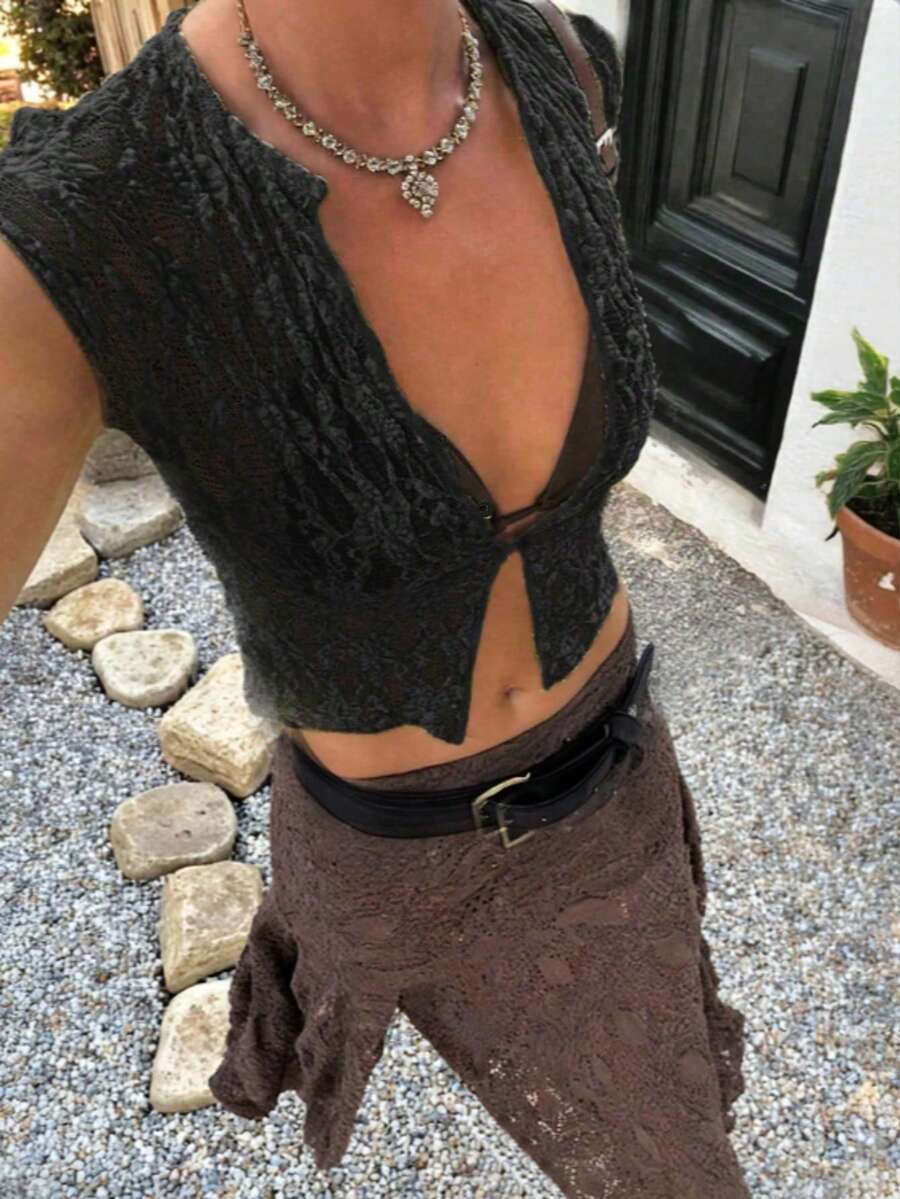 女士休闲优雅度假纯色性感绿色镂空蕾丝半透明纽扣针织开衫上衣,夏季沙滩黑色 - 黑色 - 查看 1