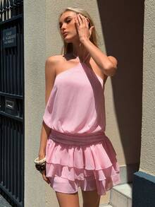 女士休闲雪纺露背吊带迷你连衣裙，层叠荷叶边下摆，细肩带后背系带，休闲时尚，适合海滩度假、夏季出游、浪漫约会、休闲外出、海边派对等场合。 - 粉色 - 查看 3