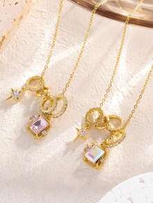 1件白色方形多层圆形锆石吊坠项链，精致珠宝，适合约会、送礼和日常佩戴（OPP袋包装） - 白色 - 查看 3