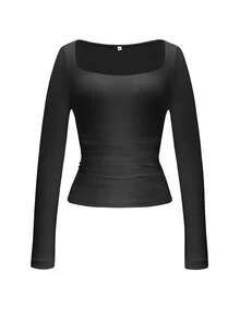 Vaiaye 大码女装春夏性感修身长袖针织上衣，纯色方领T恤，休闲黑色 - 黑色 - 查看 3