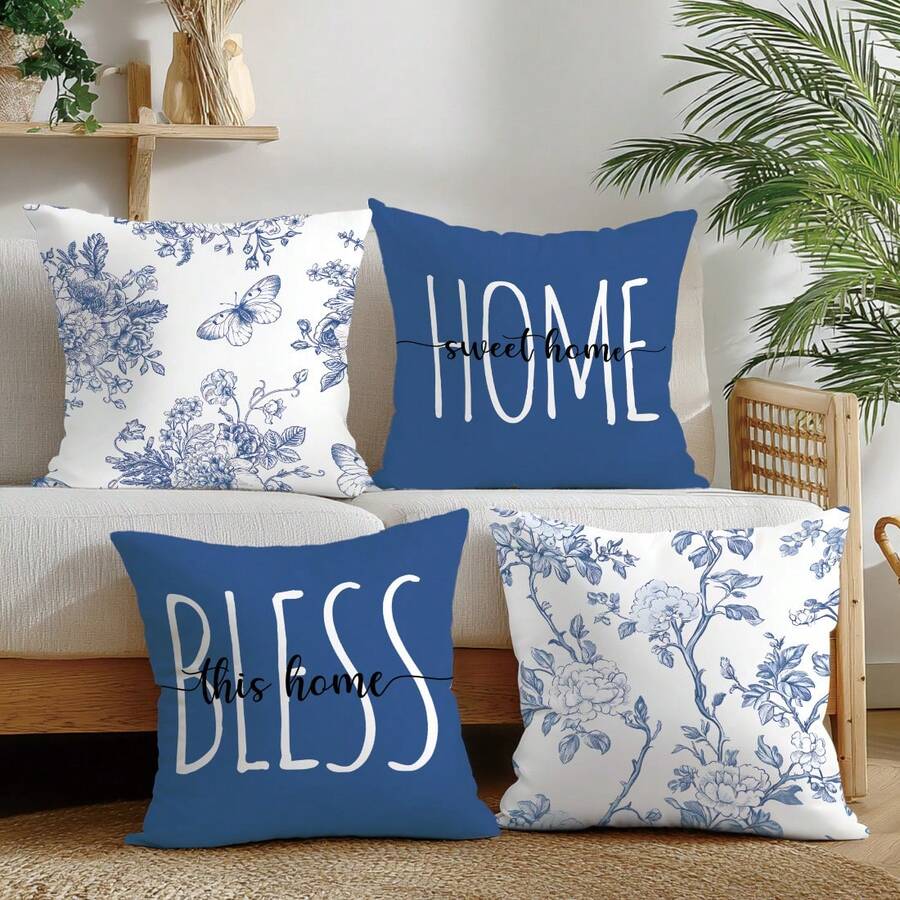 复古蓝色莫里斯花卉“祝福家园”四件套靠垫套，单面印花桃色天鹅绒，45*45厘米/18*18英寸枕套，适用于现代布艺沙发室内装饰、派对装饰、礼品 - 彩色 - 查看 1