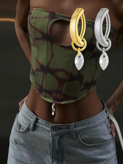 1pc 925 Sterling Silver Water Drop Dangle Navel Piercing Jewelry, CZ Stone Inlaid Belly Button Ring, Elegant Summer Gift