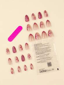 24pcs Flowers Foliage Fake Nails Cat Eye Nails Press On Pearls Nails Art Short Almond Shape False Nails Press On Nails Manicure Set Includes 1sheet Adhesive Tabs & 1pc Mini File Perfect For Everyday Wvear - Multicolor - View 2