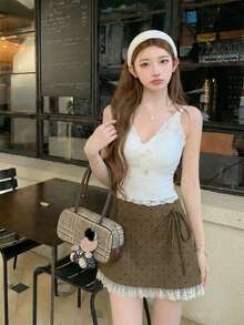 2026 Spring/Summer Khaki Polka Dot Lace A-Line Mini Skirt - Elegant Sweet Lace Trim Tie Waist Skirt, Suitable For 2026 Retro Polka Dot/Valentine's Day/Easter/Mother's Day/Evening Date/Coffee Gathering/Weekend Date - Brown - View 1