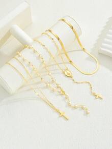 四件套女士项链套装，波西米亚风首饰，珍珠十字架多层金链项链，夏季假日首饰，Y字形长项链设计，适合日常通勤、复古派对约会等场合，时尚高端气质项链组合，节日生日礼物 - 金黃色 - 查看 6