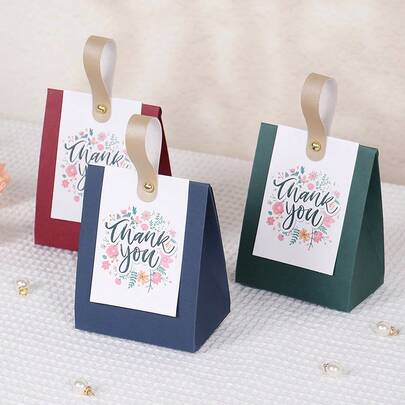 10pcs Elegant Floral Thank You Triangle Gift Bags With Handle, Premium Paper Party Favor Bags For Wedding, Bridal Shower, Birthday, Business Gifts, Candy Packaging, Multiple Colors Available