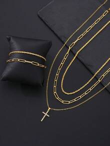 5pcs Punk Style Cross Necklace Set, Rhinestone Chain Bracelet Set, Rings, Men's Jewelry Set, Suitable For Vacation, Date, Daily, Casual, Party - Yellow Gold - View 6