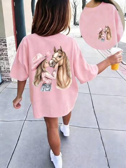 Tween Girls' Casual Funny Print Crew Neck Short Sleeve T-Shirt, Summer Top