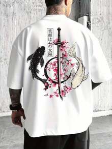 Unisex Japanese Style T-Shirt | Black And White Cherry Blossom And Koi Carp With Samurai Sword Design | Casual Loose Fit, Crew Neck, Comfortable Fabric, Ideal For Spring And Summer - 白色 - 查看 2