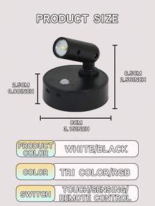 LED充电壁灯，磁吸式聚光灯，遥控调光，黑白两色可选，床头阅读灯，无线免打孔，360°旋转触控，内置2000mAh锂电池，非防水ABS塑料材质。 - 旋轉射燈 - 查看 12