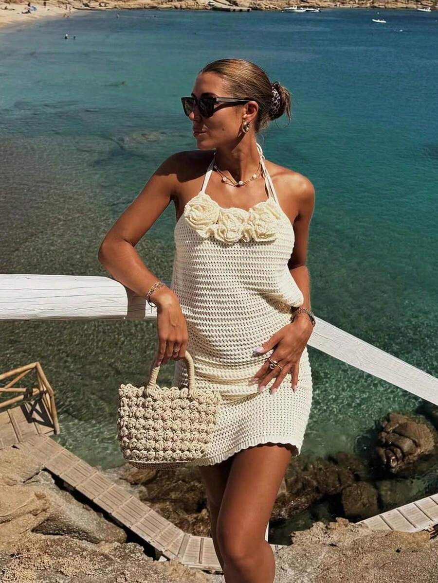 ii Vestido de playa informal con cuello de corbata, decoración floral calada, para vacaciones de verano
