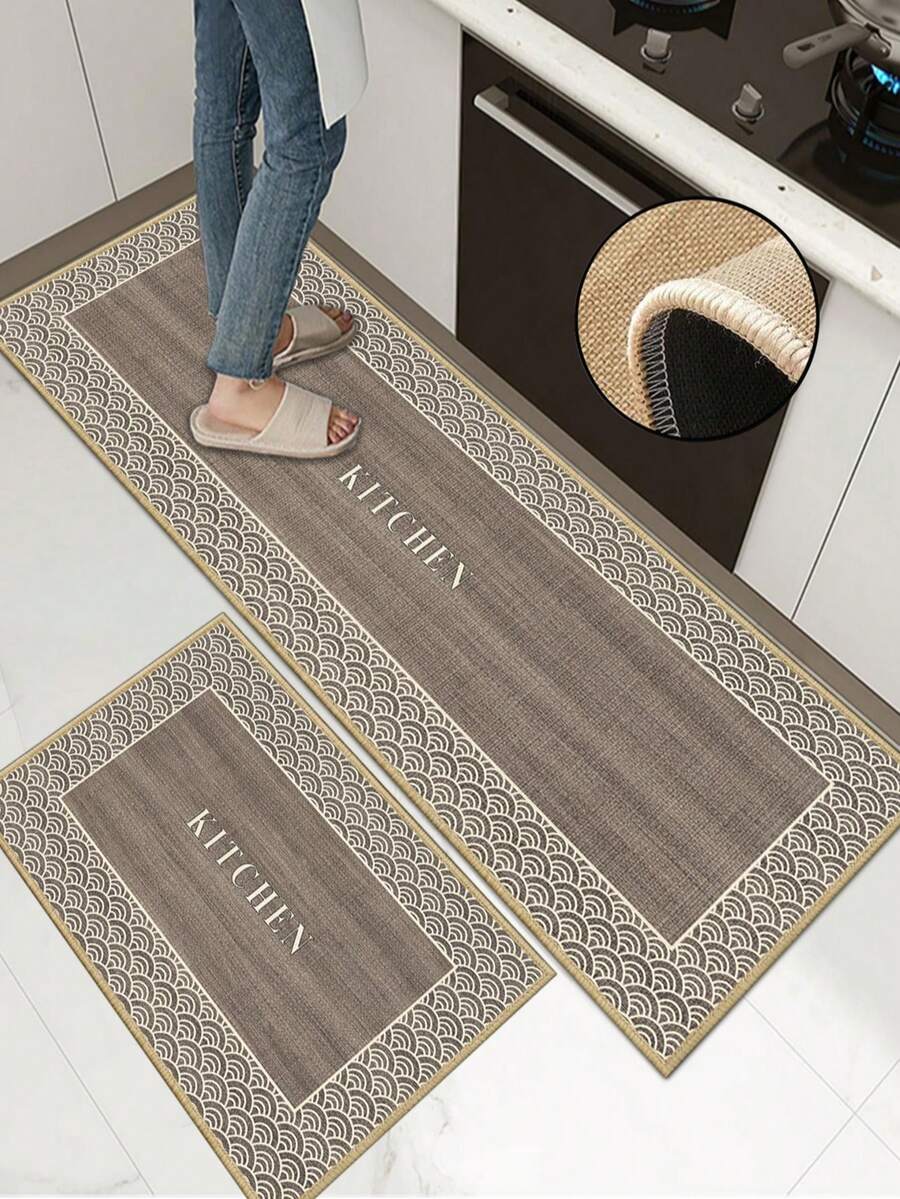 1pc Soft Rubber Linen Kitchen Mat, 3.5mm Thick Kitchen Rug, Main Body Blends Wood Grain Texture And Classic Chinese Water Wave Border, Prominent "KITCHEN" Text In Center - Multicolor - View 1