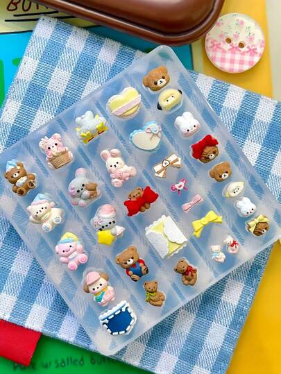 1个可爱小熊、兔子、爱心、蝴蝶结、蕾丝、卡通动物美甲模具，透明硅胶DIY美甲装饰模具