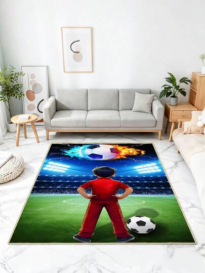 1PC Children'S Carpet, Red Little Boy Football Pattern Bedroom Carpet, Foldable And Non Shedding Soft And Non Slip Modern Football Playground Printed Carpet, Dining Room, Living Room, Children'S Room, Office, Party Decoration.