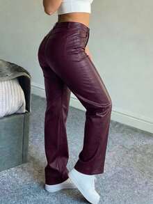 Women's High Waist Glossy PU Leather Wide Leg Pants, Matte Coating, Fashion Versatile, Suitable For Party, Commute, Music Festival, Vacation, Casual Straight Leg Pants, Spring/Summer Essential, Bestseller, Y2K Style, Suitable For Party, Commute, Holiday, Festival, Outdoor Activities, Spring/Summer Wear, Suitable For Tall Women, Outerwear, Black, Trousers - Burgundy - 1 - View 8
