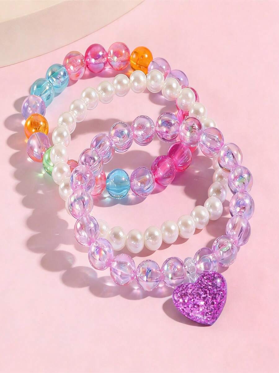 3pcs/Set Children's Minimalist Cute Heart Pendant Beaded Bracelet, Suitable For Girls' Daily Wear, Party, Gift - one-size - View 1