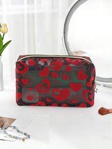 1pc New Heart-Shaped Mesh Cosmetic Bag, Black Minimalist Organizer Pouch, Multi-Functional Toiletry Bag, Suitable For Makeup, Travel, Daily Use - Red - View 2