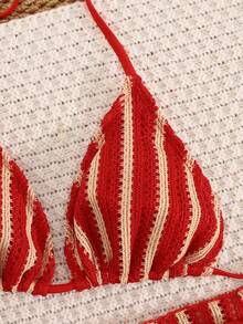 Conjunto de bikini de 3 piezas a rayas para mujer 2026, diseño de cuello halter, atado a los lados, cubre con malla, traje de baño casual y lindo con espalda descubierta para el Día de San Valentín, vacaciones de primavera/verano en la playa - Café integral - Ver 5