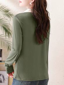 2025 New Autumn Women Polo Collar Long Sleeve T-Shirt, Fashionable Outer Wear Pullover Top - Army Green - View 6