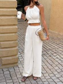 Conjunto de dos piezas elegante para mujer de PoPoHouse - Top corto con cuello halter y volantes en la espalda, y pantalones anchos de pierna ancha - Casual, diario, verano, vacaciones, playa, cita, fiesta, salida - Conjunto blanco - Blanco - Ver 7