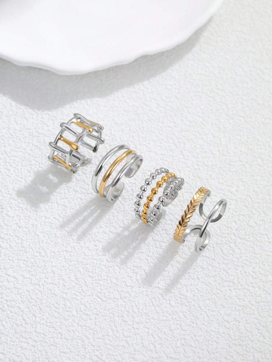 4pcs Stainless Steel Ombre Gold Open Ring Set, Suitable For Women Wear Or Gift - Yellow Gold - View 1