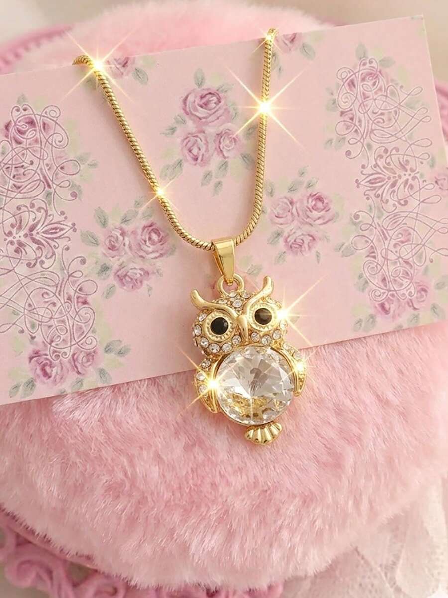 1pc Women's Luxury Gold Tone Cubic Zirconia Owl Pendant Necklace With Large Clear Crystal, Cute Animal Charm Snake Chain Jewelry Gift For Party & Daily Wear - Yellow Gold - View 1