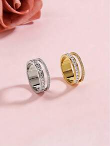 1枚18K镀金不锈钢CNC镶嵌立方氧化锆戒指，女士珠宝，婚礼派对约会礼物 - 雙層鑲鑽戒指 - 查看 9