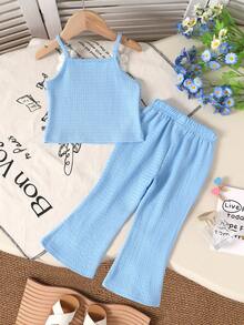 两件套可爱女婴套装，休闲时尚，柔软舒适，简约百搭的碎花吊带背心和喇叭裤套装，适合幼儿女童穿着，夏季日常穿着、度假、派对、拍照、户外活动 - 彩色 - 查看 9