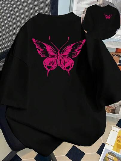 Short-Sleeve T-Shirt With Butterfly Print - Pink Butterfly Fashion Print - Women's Spring/Summer  Print T-Shirt, Fashion Item, Mens Clothes, Graphic Tees Men, Graphic Tees Women, Mens Clothes, Graphic Tee, Cool Tee, Men, Men's Clothing, Funny Shirts, Summer Tops, Summer, Vacation Outfits, Summer Tops N72Y