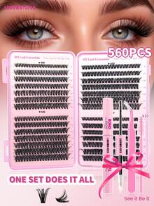 DIY False Eyelashes Set, 560-600pcs Individual Lashes, 40D/50D/60D/80D D-Curl, 9-16mm, Natural Soft & Fluffy, Brush Included, Suitable For Beginners At Home Or Salon Use - Pink - View 17