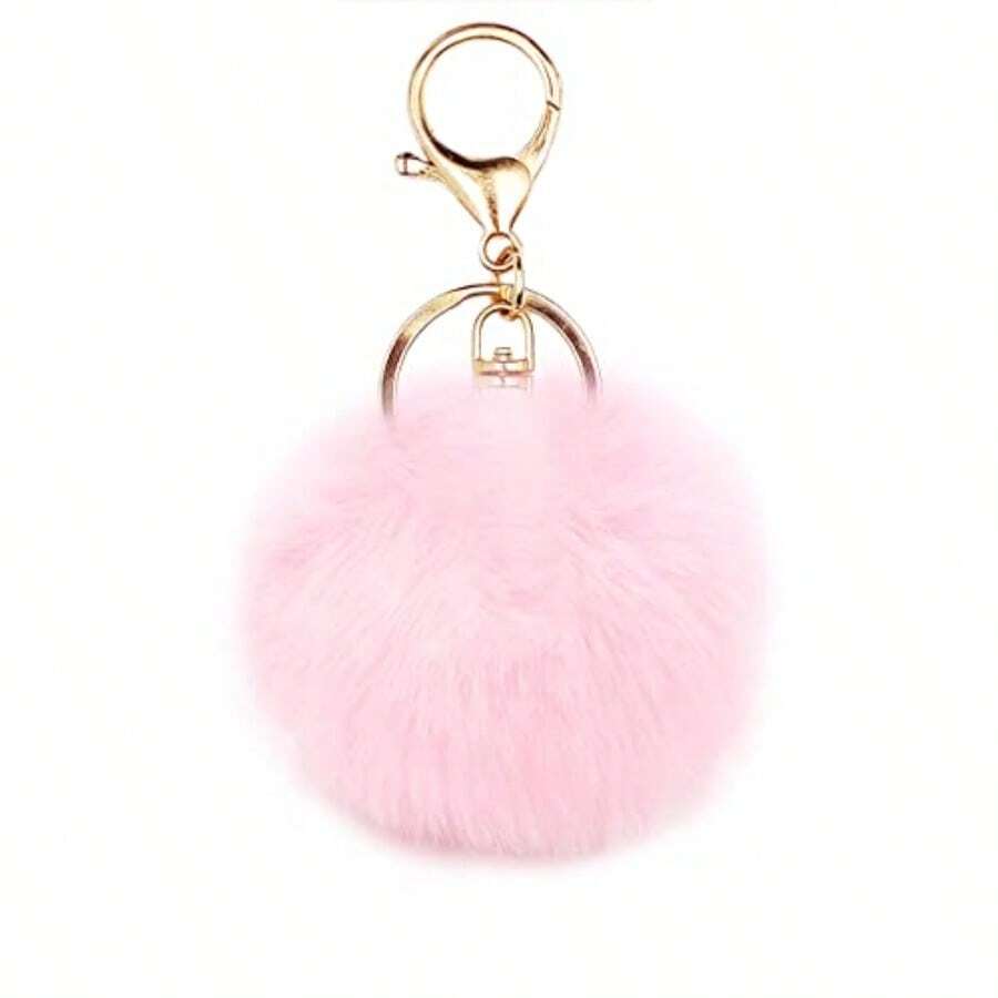 Jtkdxqs Pom Pom Keychain Soft Artificial Rabbit Fur Plush Fluffy Ball Key Ring For Women - Hồng nhạt - Xem 1