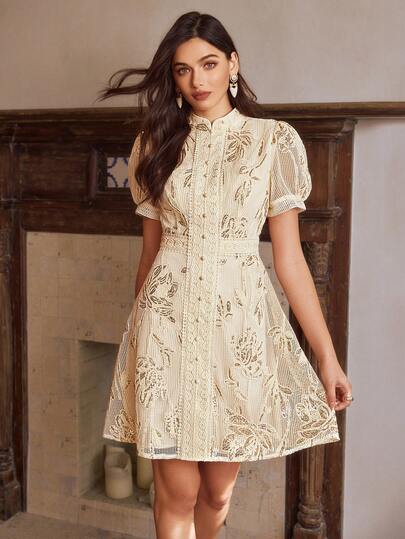 Simplee Women's Summer New Elegant Sequin Embroidered Puff Sleeve High Waist A-Line Mini Dress, Stand Collar Design, Lace Patchwork, Suitable For Wedding, Party, Birthday, Date, Outing, Vacation