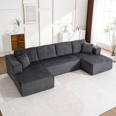 The Living Room Is Equipped With A Single Sofa Bed - A Modern Leisure Sofa In U-Typ - With A Modular Sofa, Without A Single Sofa Bed With Lamps And Covers.